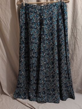 Max Studio Navy and Blue Floral Button-Front Maxi Skirt